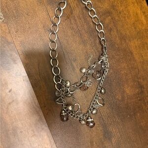 Silver-Tone Multi-Chain Charm Necklace with Brown Crystal Accents
